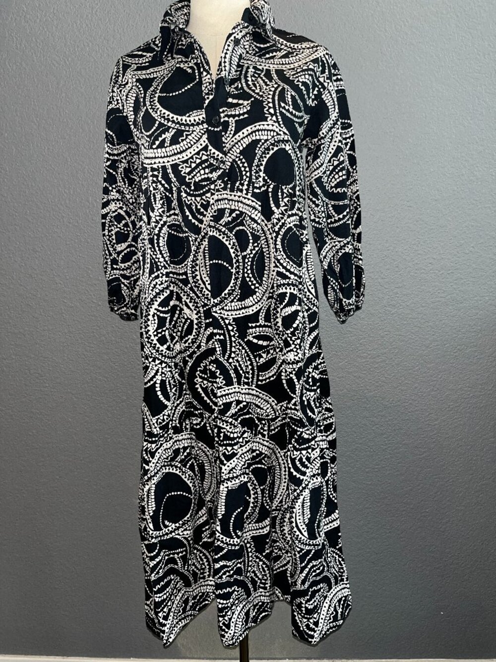 Maeve Anthropologie Bettina Geometric Tiered Midi Shirt Dress Black White EUC XS